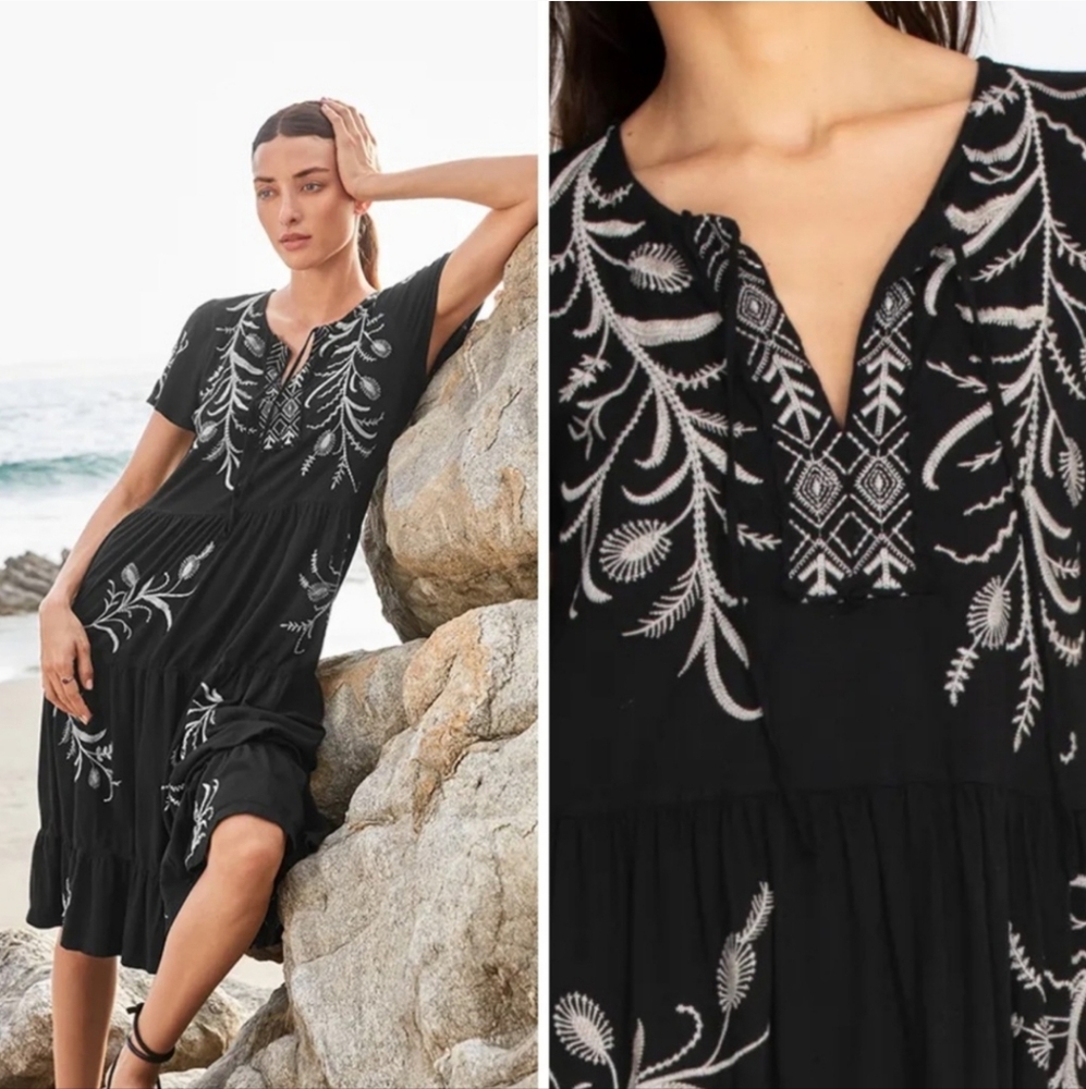 Johnny Was Fern Tiered Knit Embroidered Dress